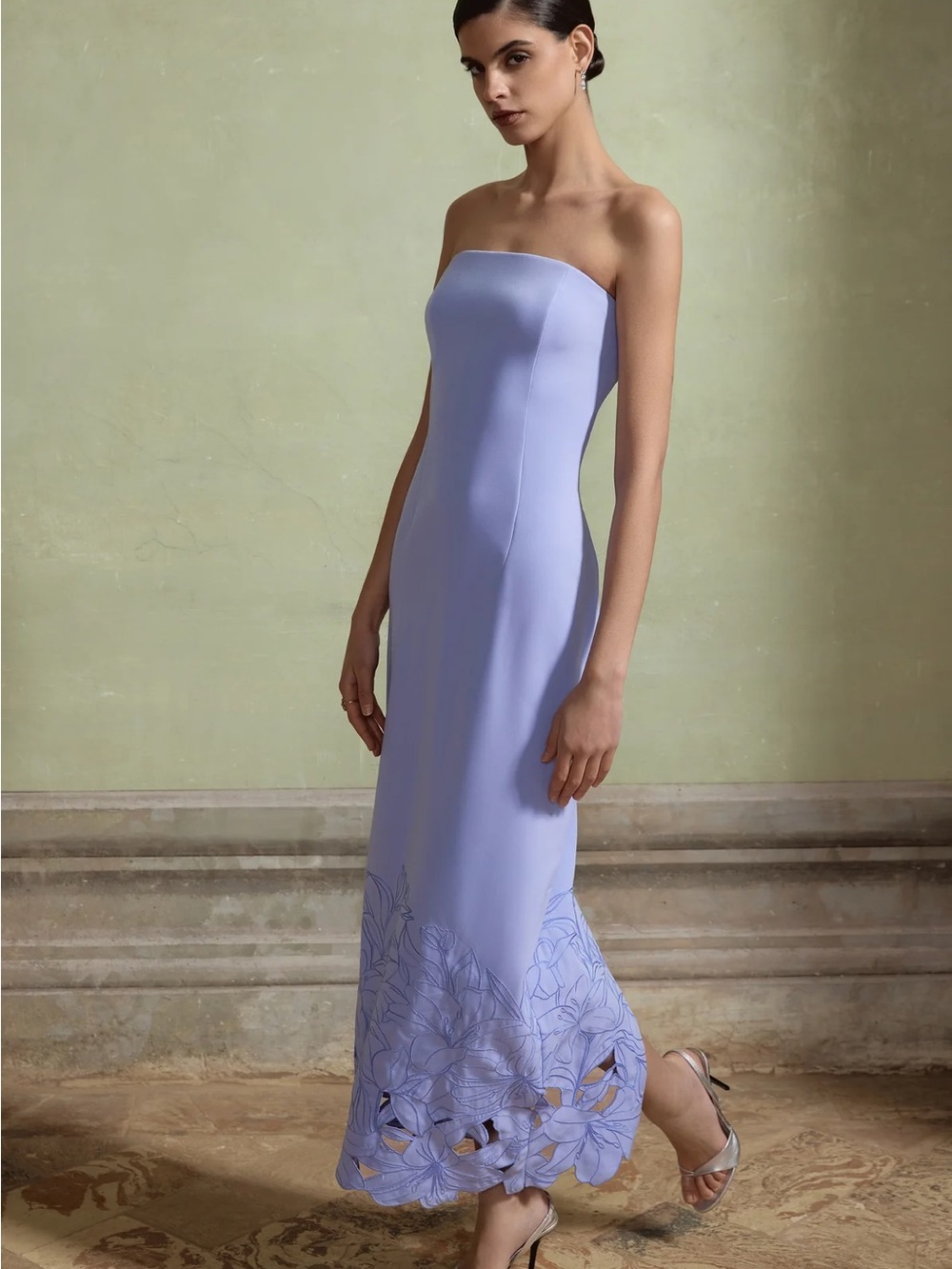 Strapless Lilac Midi Dress with Floral Cutout Hem